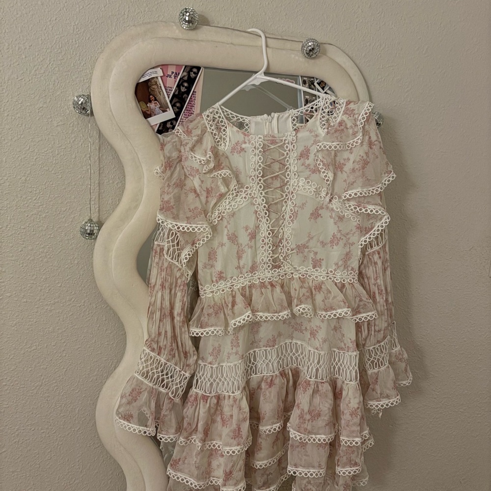 LoveShackFancy Inpired Pink Floral Ruffle Dressy Top with Lace Trim